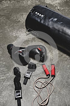 different boxing equipment lying