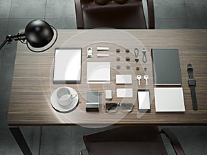 Different branding mockup elements. Template set on wood table