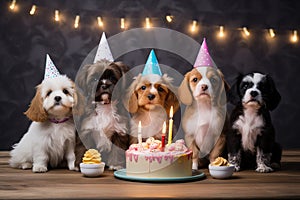 Different breed pets Party happybirthday Generative AI photo