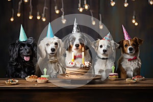 Different breed pets Party happybirthday Generative AI photo