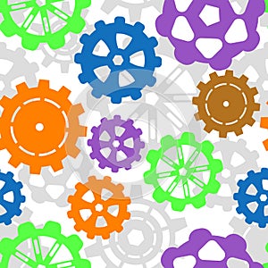 Different, bright gears on a white, light, gray background. Seamless, vector, technological pattern for paper, textiles, plastic