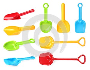 Different bright plastic toy shovels on white background, collage