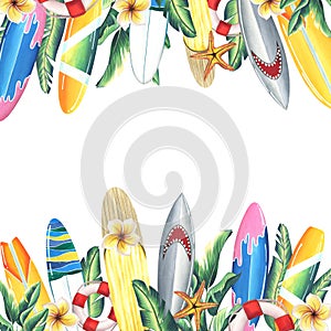 Different, bright surfboards with tropical leaves and plumeria flowers, starfish and lifebuoys. watercolor illustration