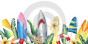 Different, bright surfboards with tropical leaves and plumeria flowers, starfish and lifebuoys. watercolor illustration