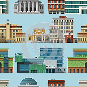 Different buildings hotels for tourist and travalers places vacation time apartment urban town facade vector seamless