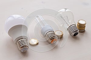 Different bulbs, with coins next to  them photo