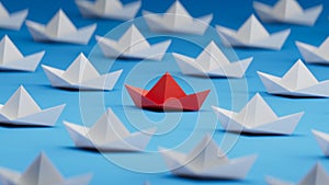 Different business concept.new ideas. paper art style. creative idea. red leader boat, standing out from the crowd of white boats