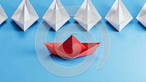 Different business concept.new ideas. paper art style. creative idea.Red and white paper boat. Leadership concept.