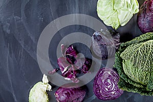 Different cabbages on blackboard