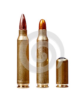 Different caliber bullets, on a white background.