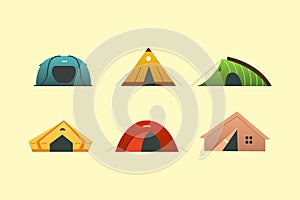 Different camping tent vector icons. Triangle and dome tourist outdoor house. Hiking and trekking camp tents for rest.