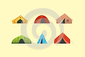 Different camping tent vector icons. Triangle and dome tourist outdoor house. Hiking and trekking camp tents for rest.