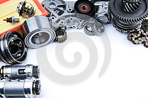 Different car spare parts on white background photo