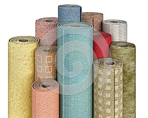 Different carpet rolls stand upright on a white background,