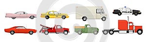 Different cars set. Side view vehicles. Vector illustration.