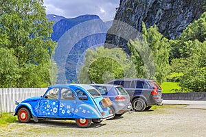 Different cars in Undredal village Aurlandsfjord Sognefjord in Norway