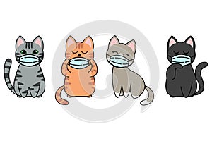 Different cartoon cat characters set and cat face mask covid19, pm 2.5, poses and emotions