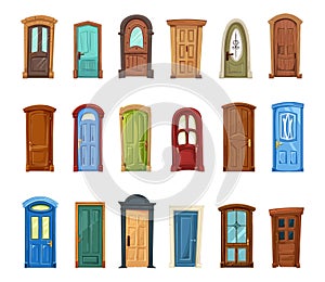 Different cartoon doors. Isolated door entry, architecture decorative elements for houses and buildings. Colorful