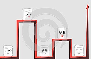 Cartoon faces sit on different red branches of the same graphic