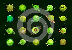 Different cartoon green alien planets set. Funny fantasy planet on the cosmos background.