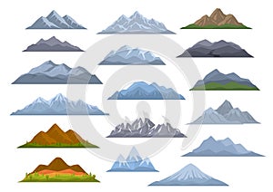 Different cartoon mountains set, isolated graphic vector