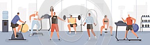 Different cartoon people exercising at modern gym vector flat illustration. Athletic man and woman on training apparatus