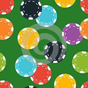 Different casino chips on green background.