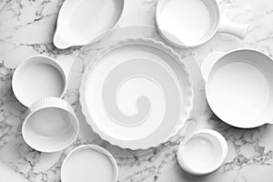 Different casseroles on white marble table, flat lay