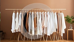 different casual cloths hanging on rack in modern retail store