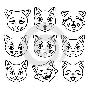 Different cat emotions on white background. Cat face vector set.