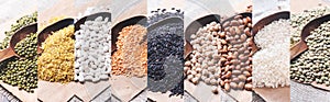 Different cereals and legumes on spoon: rice, black rice, lentils, mung beans, red beans, bulgur, chickpea. Collage on background