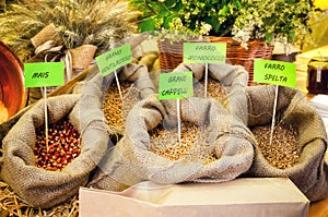 Different cereals on market stall