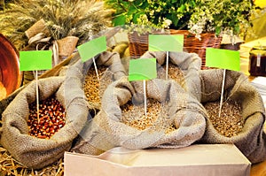 Different cereals on market stall