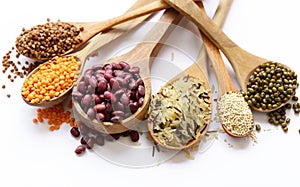 Different cereals on a white background