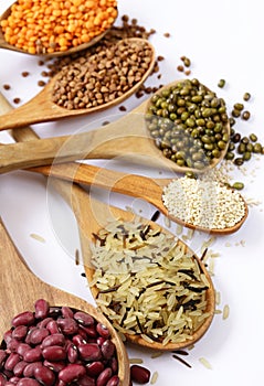Different cereals on a white background