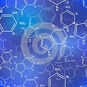 Different chemical nucleobases structures on blue, scientific seamless pattern