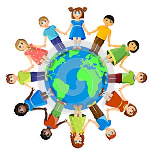 Different children standing around earth planet. Friendship and international relationships