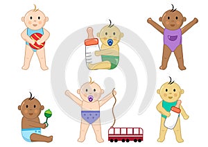 Different children with toys, baby set,  illustration
