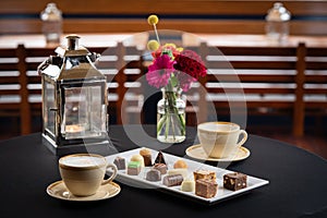 Different chocolate sweets with coffee served on an standing table with maritime details