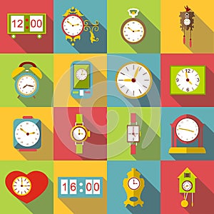 Different clocks icons set, flat style