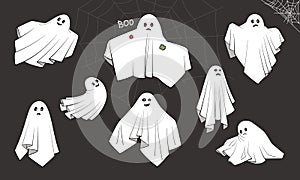 Different cloth Ghosts with scary, spooky, happy and funny faces. Collection of cute magic white flying phantoms on the