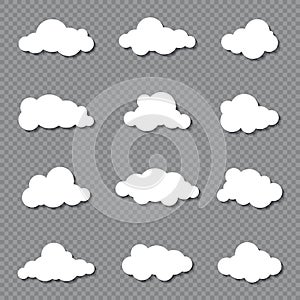 Different clouds on blue sky in origami design. Collection of white paper cut out cloud icons. Paper cloud. Weather symbols.