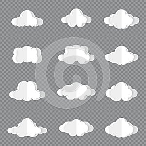 Different clouds on blue sky in origami design. Collection of white paper cut out cloud icons. Paper cloud. Weather symbols.