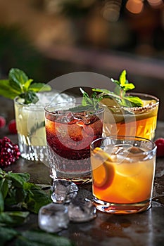 different cocktails in glasses. Selective focus.