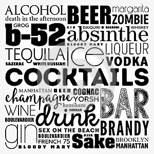 Different cocktails and ingredients, word cloud collage