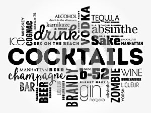 Different cocktails and ingredients, word cloud collage