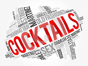 Different cocktails and ingredients, word cloud collage, design concept background