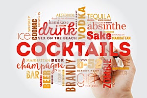 Different cocktails and ingredients word cloud collage with marker, design concept background