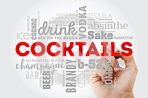 Different cocktails and ingredients word cloud collage with marker, design concept background