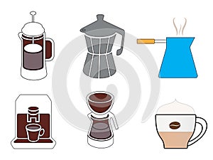 Different coffee makers together with a cup of coffee and a turkish coffee pot